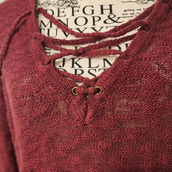 Burgundy Knit Sweater with Lace-Up V-Neck - Picture 2 of 7